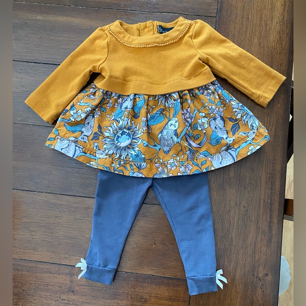 Cynthia Rowley Mustard Floral Baby Dress with Blue Leggings